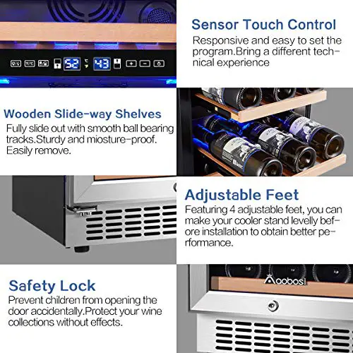 Enfriador de vino de doble zona, Aobosi, 15 pulgadas, 30 botellas, refrigerador de vino Integrado o independiente con aspecto moderno, sistema de enfriamiento rápido y silencioso, puerta de vidrio templado de doble capa, ventilación frontal