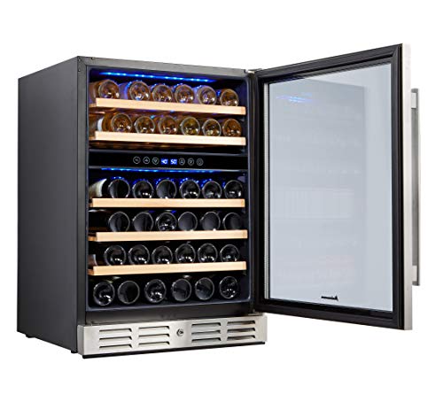 Kalamera - Refrigerador para vinos de 24 pulgadas, 46 botellas, de doble zona, empotrado o independiente con puerta de acero inoxidable y vidrio templado de triple capa y función de memoria de temperatura