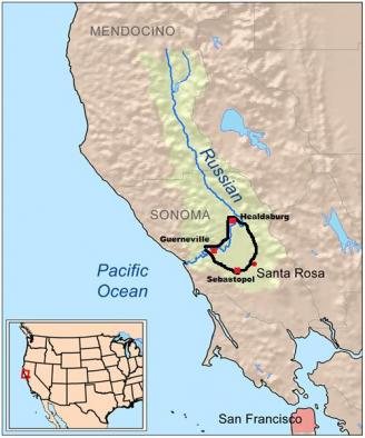 Esquema del mapa del Valle del río Ruso AVA en relación con el río Ruso